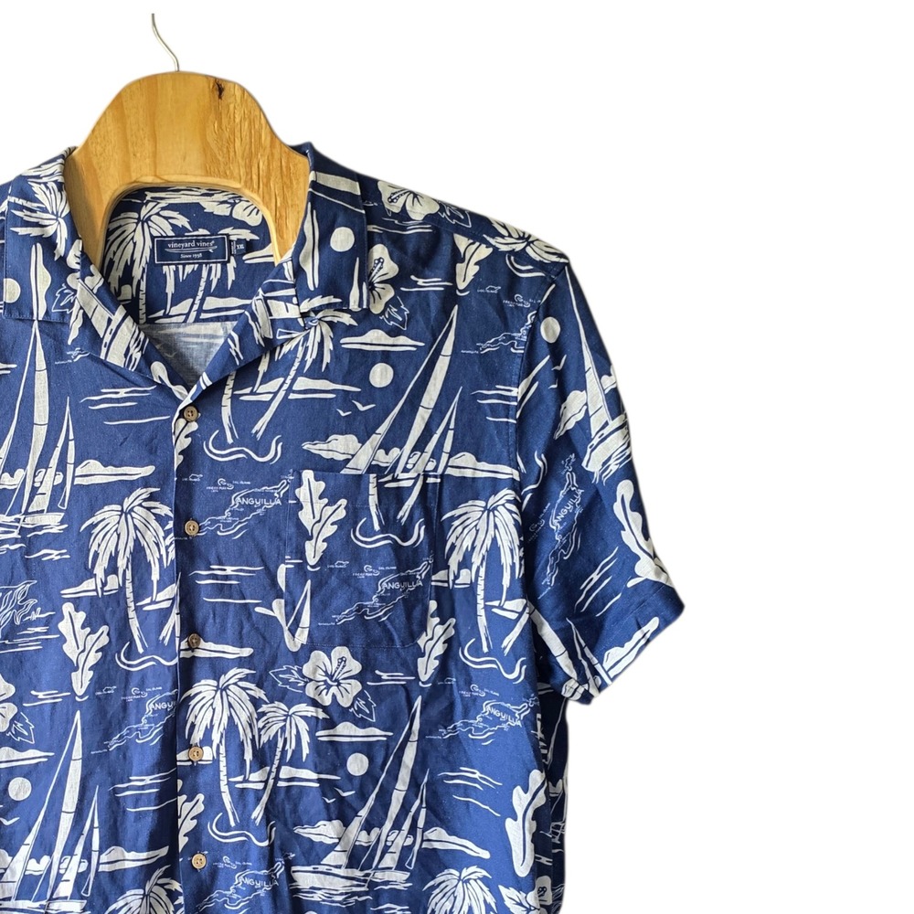 Vineyard Vines Mens XXL Blue Tropical Sailboat Linen Blend Camp Shirt XXL